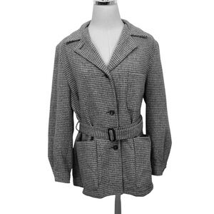 Vintage LL Bean Blazer Gray Houndstooth Wool Jacket Belted Button Preppy Size 10